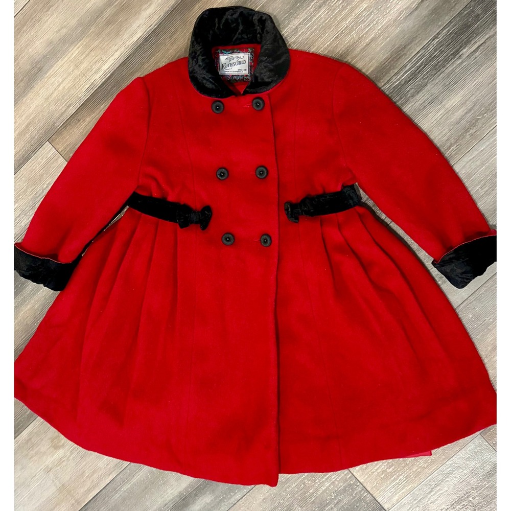 Vintage Rothschild Girls Size 4 Red 100% Wool Coat Black Velvet Bow Holiday - Picture 13 of 13